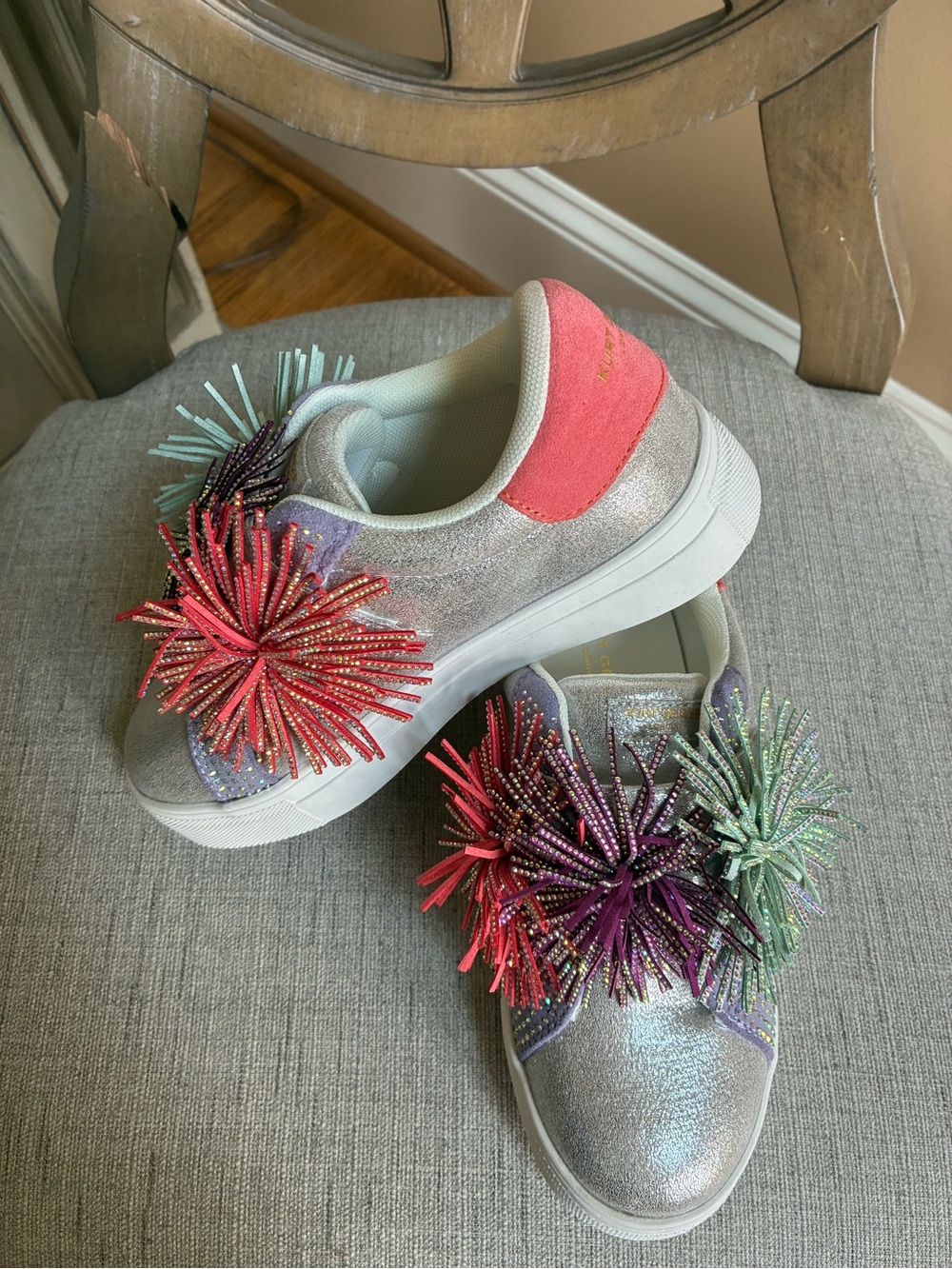 Kurt Geiger size 36 Iridescent Slip-On Sneakers with Multicolor Pom Accents